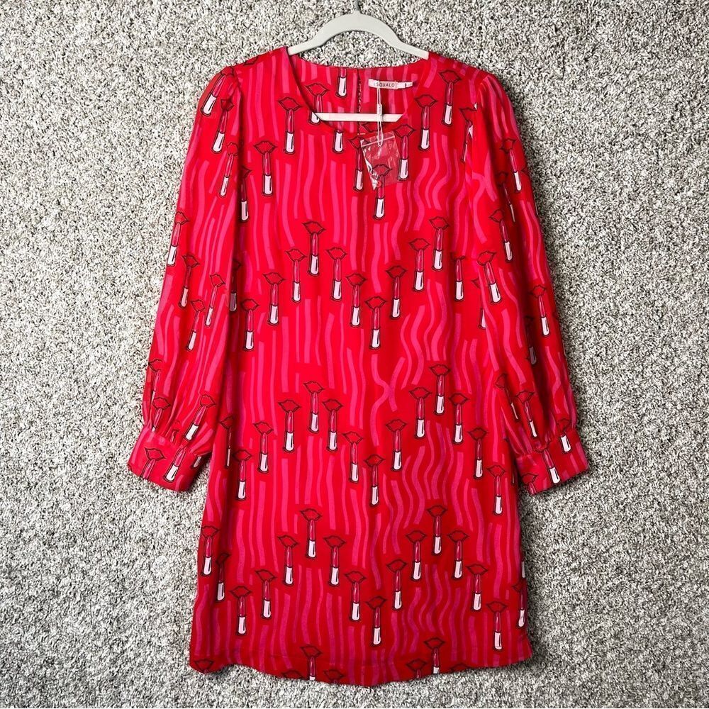 Esqualo Dress Women’s 8 Red and Pink‎ Lipstick Print Long Sheer Sleeve NWT